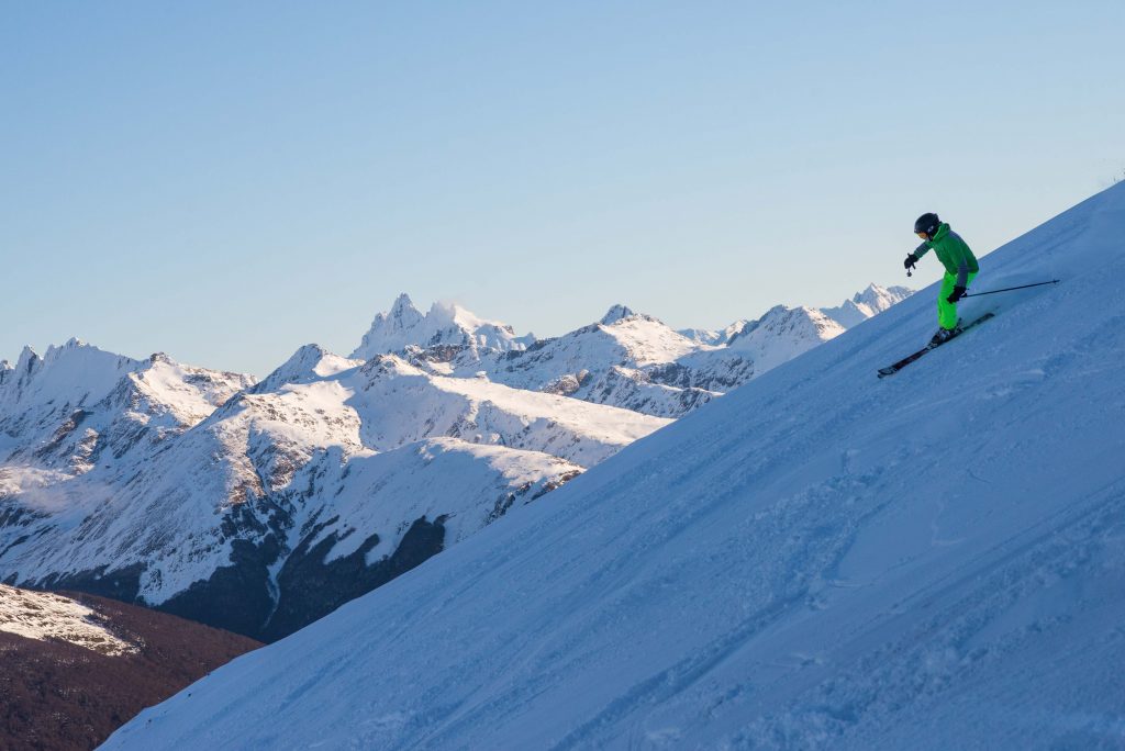 Dropping into some fresh powder. Tierra del Fuego, Patagonia, Argentina.